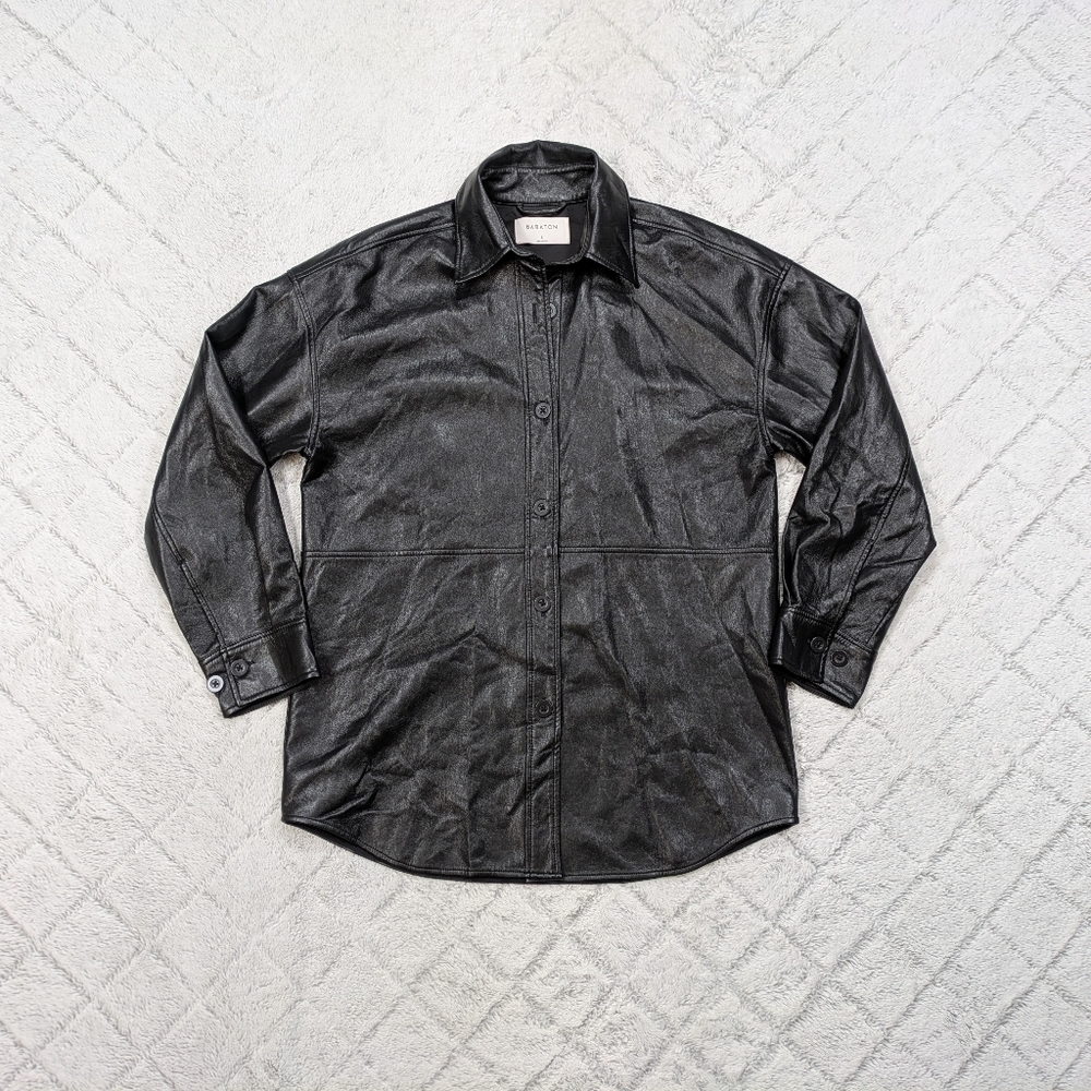 Babaton Shirt Women's S Black Pelli Jacket Relaxed Fit Vegan Leather Button Up